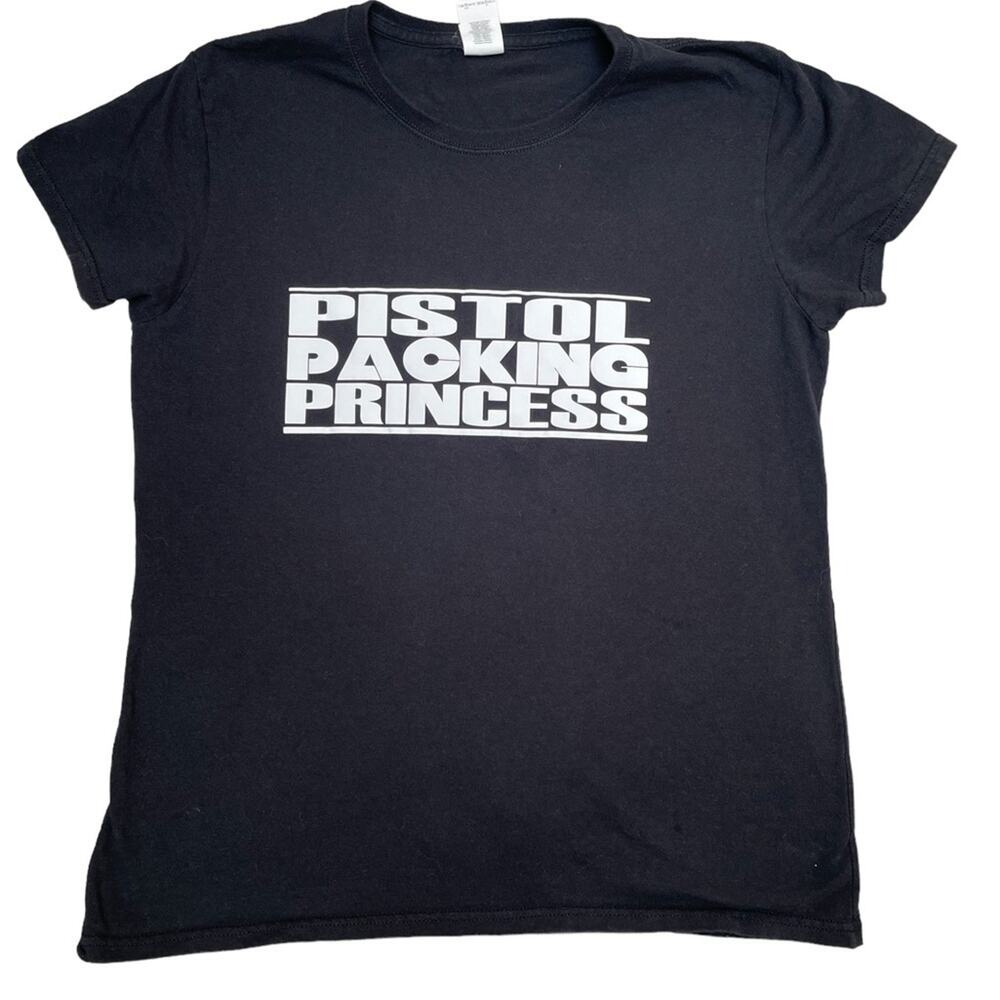 Gildan T-Shirt Womens Large PISTOL PACKING PRINCESS Punk Rock Graphic Tee Black